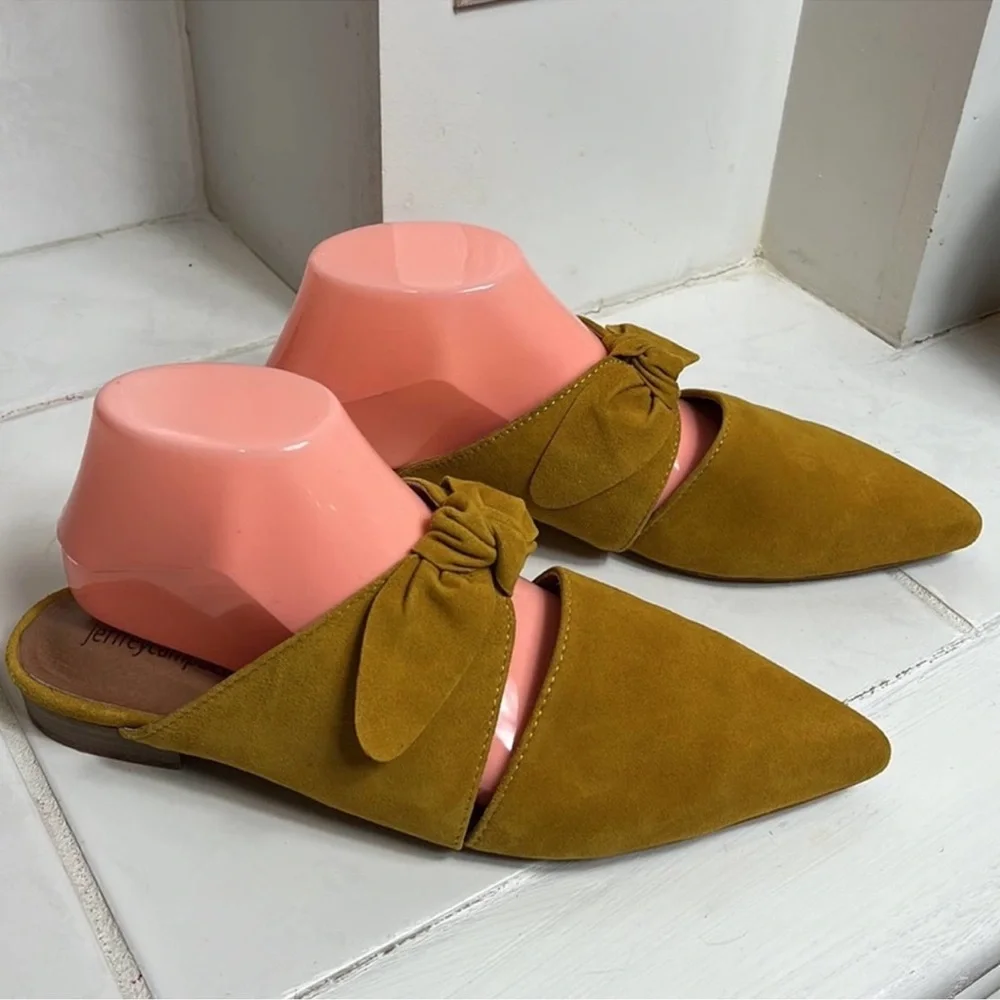 Jeffrey Campbell Genuine Leather Suede Gold Charlin Slide Slip On Bow Flats